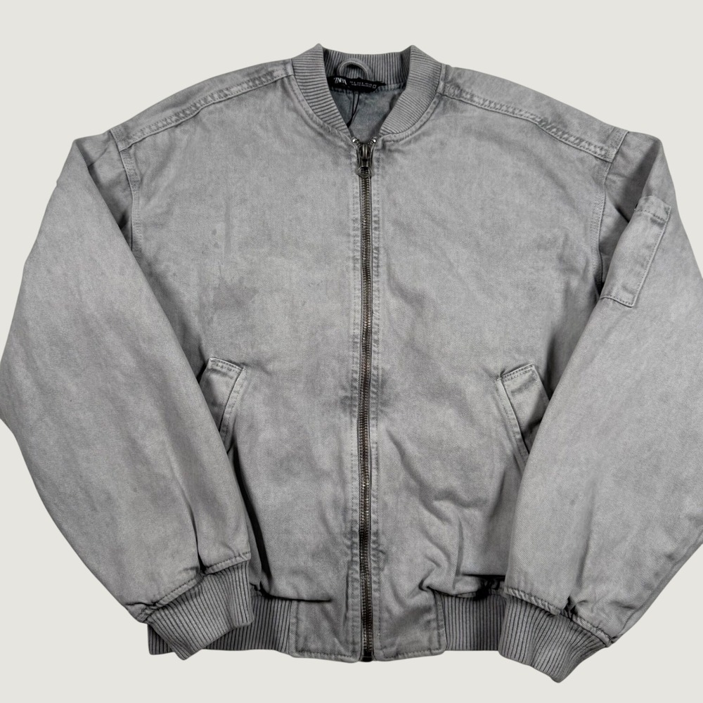 Zara Man Gray Denim Bomber Jacket Full Zip Cotton Faded Wash Small
